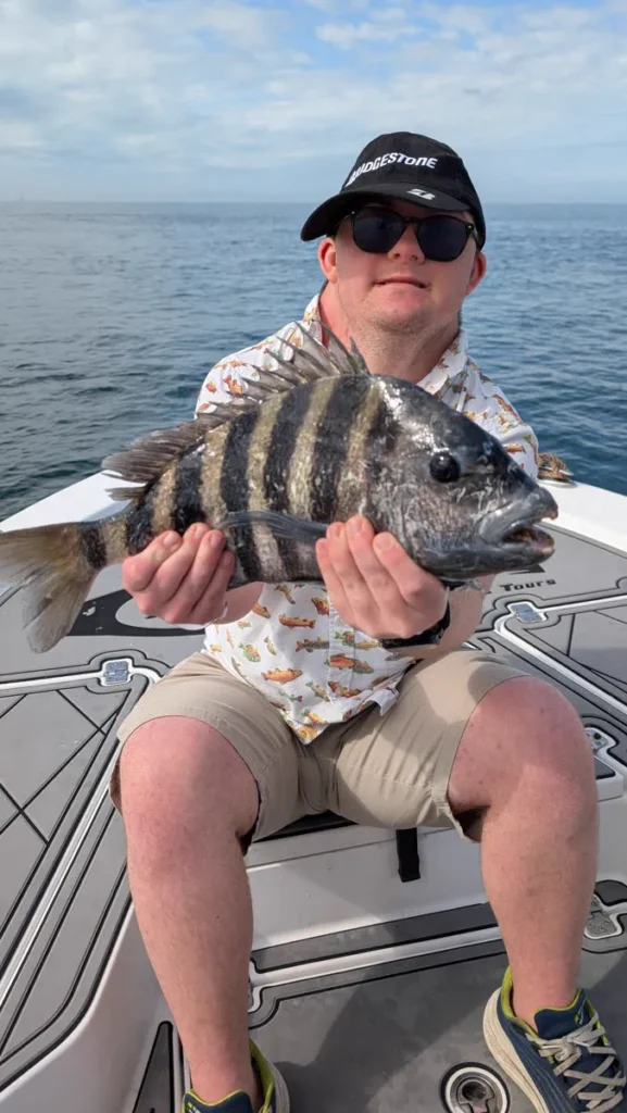 Angler holding a sheepshead caught around bridge pilings in Tampa Bay
