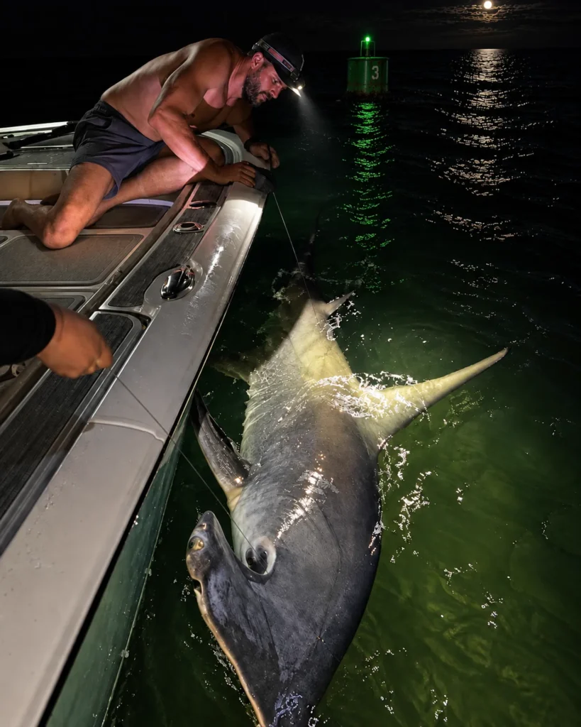 Captain releasing a hammerhead shark boatside at night in Tampa Bay