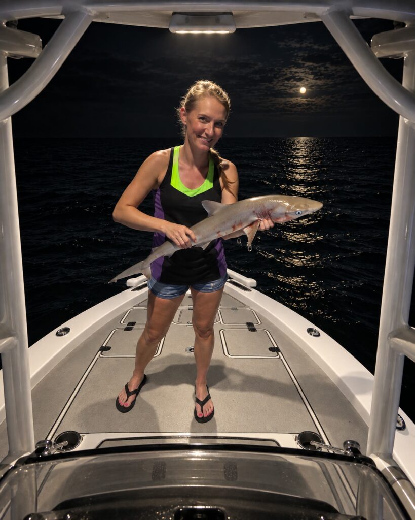 Woman holding a shark she caught on a night shark fishing charter in Tampa Bay