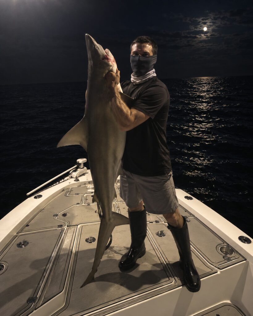 Angler holding a large shark on the bow of a bay boat during a night shark fishing charter in Tampa Bay