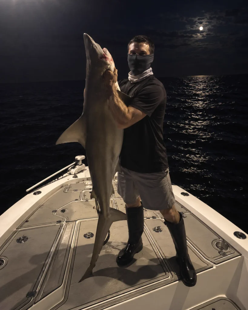 Angler holding a large shark on the bow of a bay boat during a night shark fishing charter in Tampa Bay