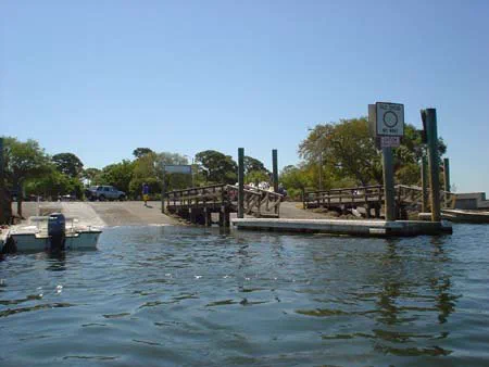 Anclote River Park boat ramp and courtesy docks in Holiday, seen from the water