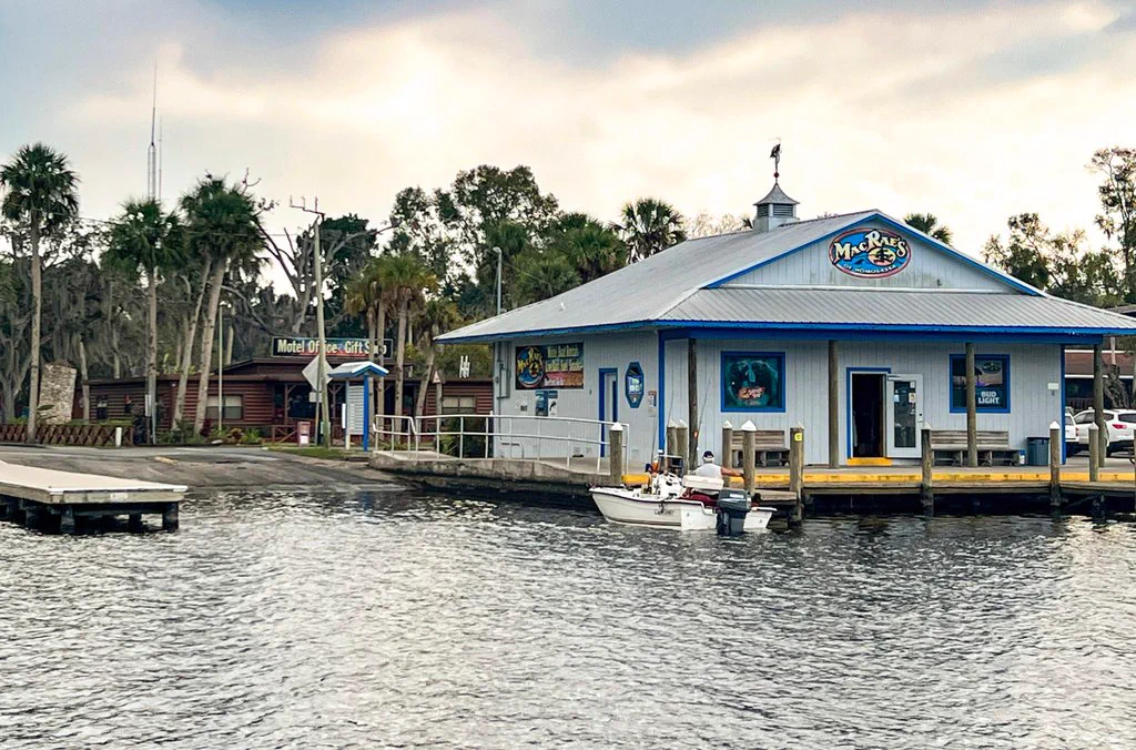 MacRae's of Homosassa bait shop on the Homosassa River, with the public boat ramp on the left where charter guests board