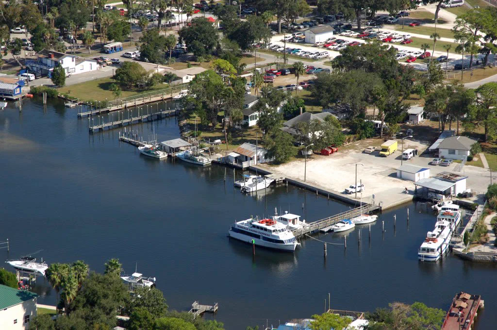 Aerial view of the docks on the Pithlachascotee River at Nick's Park in Port Richey