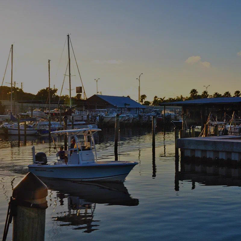 O'Neill's Marina docks in St. Petersburg at sunset, the pickup spot for Aquatic Escapes charters