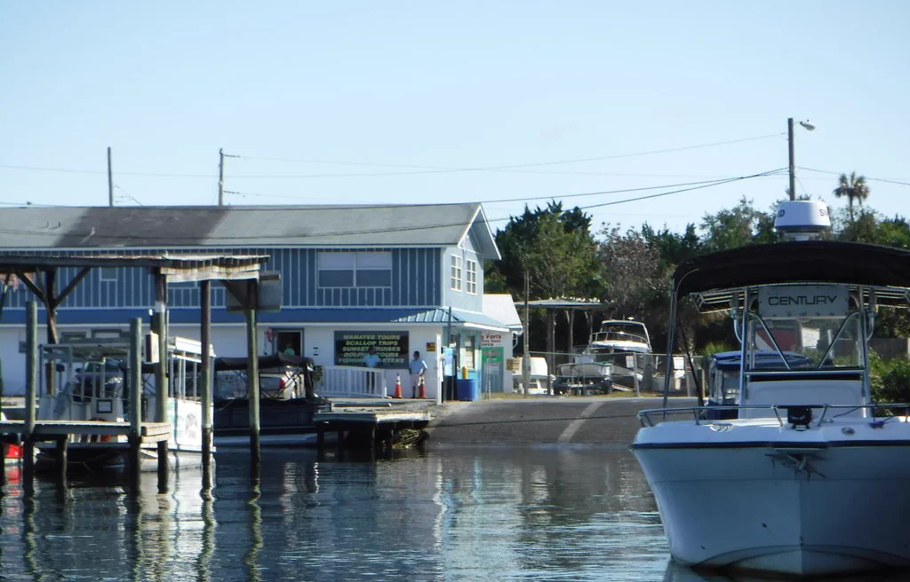 Pete's Pier marina and boat ramp on Kings Bay in Crystal River, seen from the water