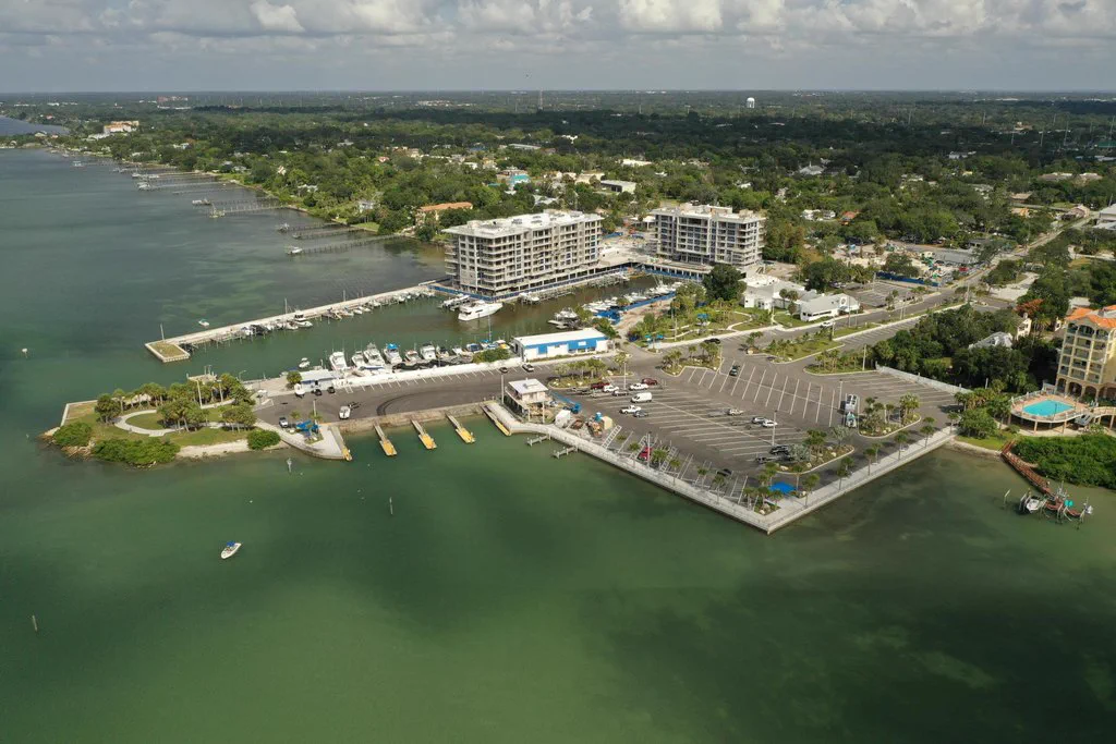 Aerial view of the Seminole Street boat ramp and docks in downtown Clearwater