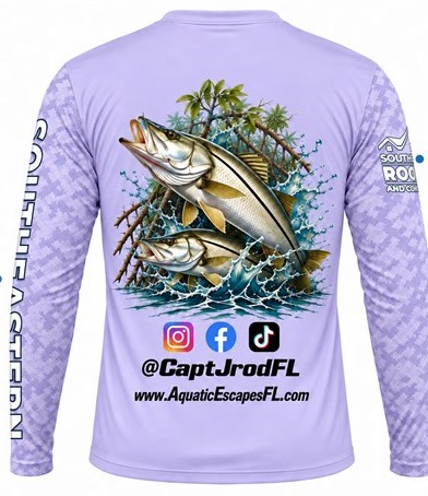 Back of a lavender custom fishing shirt with snook artwork