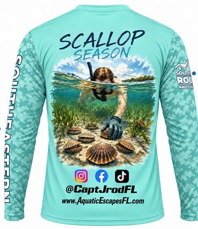 Back of a seafoam custom fishing shirt with scallop season artwork