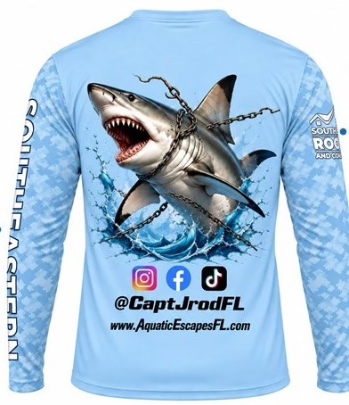 Back of a sky blue custom fishing shirt with shark artwork