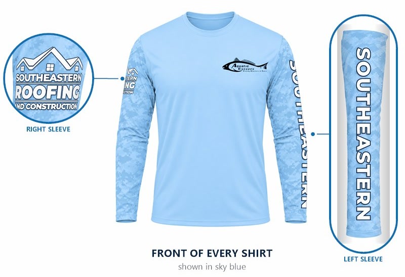 Front of the custom long sleeve fishing shirt in sky blue, with close-ups of the right sleeve logo and the left sleeve name