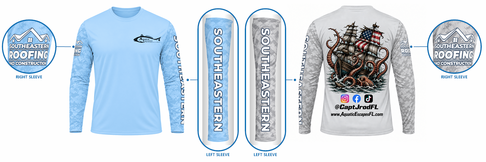 Aquatic Escapes fishing shirts with the Southeastern Roofing and Construction logo on the right sleeve and SOUTHEASTERN on the left sleeve